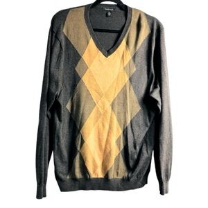 Van Heusen Men’s Sz Large Brown & Yellow Argyle 100% Cotton Long Sleeve Sweater